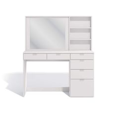 a white desk with drawers and a mirror