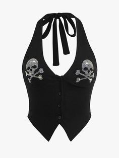 Black Casual Collar  Fabric Halloween Halter Embellished Slight Stretch  Women Clothing Halloween Clothing Ideas, Goth Scene Outfits, Black T Shirt Outfit Women, Y2k Outfits Black, Grunge Shirts, Goth Grunge Outfits, Punk Top, Halter Top Pattern, Rhinestone Skull