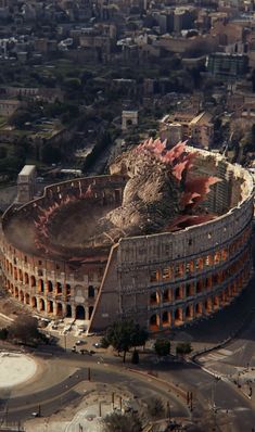 an aerial view of the ancient roman amphite in rome, looking down on the city