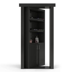 a tall black cabinet with two shelves and one door open to reveal the contents inside