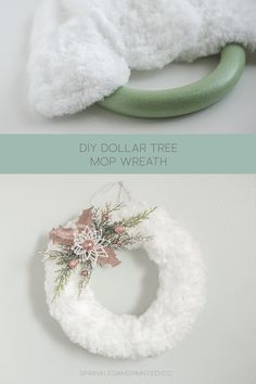 two pictures showing how to make a diy dollar tree mop wreath