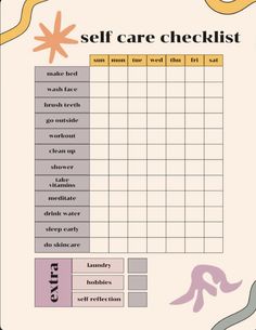 Weekly Self Care Checklist, Weekly Self Care, Self Care Checklist, Daily Checklist, Self Care Ideas, Self Care Bullet Journal, Bullet Journal Mood, Routine Planner, Self Confidence Tips