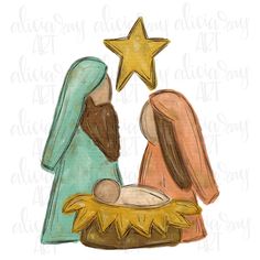 two christmas nativity figures with a star above them