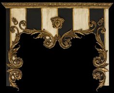 an ornately decorated fireplace surround with gold and black stripes on the wall behind it