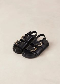 Harper - Black Leather Sandals | ALOHAS Komodo, Chunky Black Sandals, Two Strap Sandals, Sustainable Leather, Chunky Sandals, Weekender Tote Bag, Slingback Sandals, Black Leather Sandals, Boot Bag