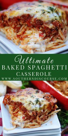 the ultimate homemade baked spaghetti casserole is ready to be eaten on the table