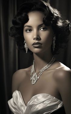 a woman in a white dress and necklace with pearls on her neck is posing for a black and white photo