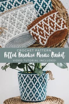 crochet pattern potted planter mosaic basket with video instructions on the bottom