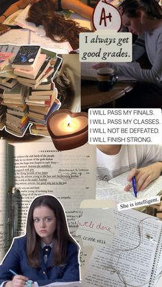 a collage of photos with people writing and pictures on them, including an image of a woman sitting in front of a pile of books