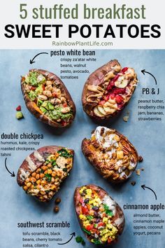 four baked potatoes with different types of food on the top, labeled in english and spanish