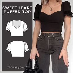 a woman in black top and jeans holding a polka dot purse with the words sweetheart puffed top on it