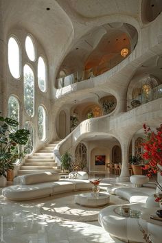 a large living room filled with lots of windows next to a stair case and white couches