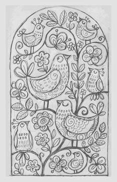a black and white drawing of two birds on a branch with flowers in the background