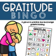 an image of a mother holding her child in front of a poster with the words,'gratitude bingo '