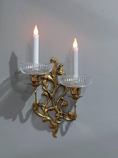 "This ornate brass double wall sconce is absolutely beautiful! It is large and heavy. It is 14 inches long, 9.5\" wide, 8\" deep, and weighs over 3 lbs. The gorgeous bobeche candle holder cups are large and heavy as well. They are 6\" wide, 2\" tall, and weigh 2 lbs. They have sparkling ribbed glass with scalloped tops. They are in great condition.  No chips or cracks. This vintage style and quality is hard to find. The daul sconce is pictured with battery-operated candlesticks and tealights. No Vintage Room Wall Decor, Fun Sconces, Candle Sconces Bedroom, Bedroom Candle Decor, Cottage Sconces, Modern Witch Decor, Vintage Wall Candle Holders, Battery Operated Wall Sconces, Candle Holders Diy