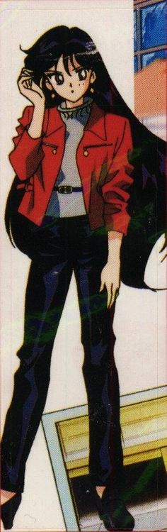 an anime character with long black hair wearing a red jacket and jeans, standing in front of a mirror