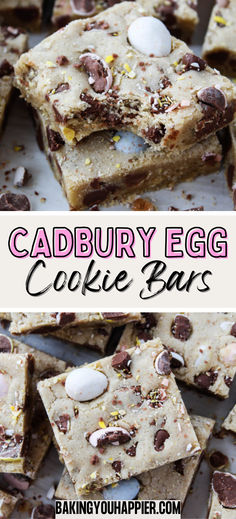 cadbury egg cookie bars with chocolate chips and sea salt on top are shown in this collage