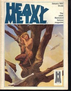 the cover to heavy metal magazine, featuring a naked woman sitting on a tree branch