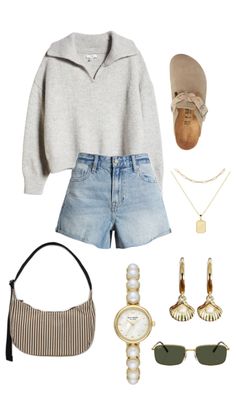 Summer night inspo: collard jumper, jean shorts, Birkenstock clogs, dainty jewelry Summer Nights, Latest Summer Fashion, Outfit Inspo Summer, The Coast, Outfit Inspirationen, New Outfits