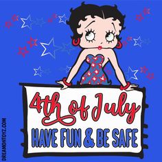 Patriotic cartoon character dressed in red, white and blue dress with stars. Happy 4th of July! Blue Dress With Stars, Dress With Stars, Red White And Blue Dress, White And Blue Dress, Happy 4th Of July