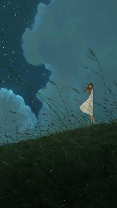 a girl in a white dress is standing on a hill looking up at the sky