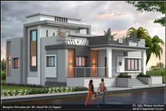 two people walking in front of a modern style house with balconyes and balconies