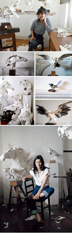 a woman sitting in a chair surrounded by paper birds