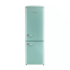 a green refrigerator freezer sitting on top of a white wall