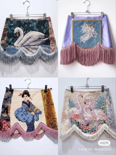 four different styles of skirts hanging on hooks