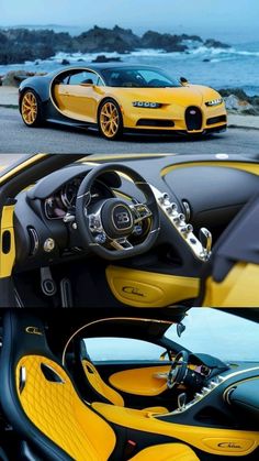 two yellow sports cars parked next to each other in front of the ocean and beach