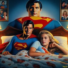 a man and woman laying in bed with superman poster on the wall behind them at night