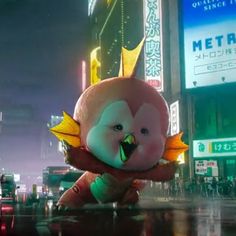 an animated character is standing in front of a city street at night with neon lights