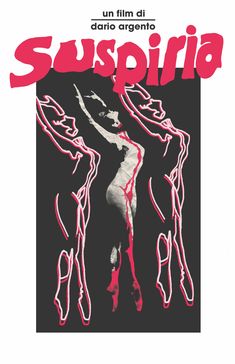 the poster for suspiria is shown in red and black, with an image of a woman's torso