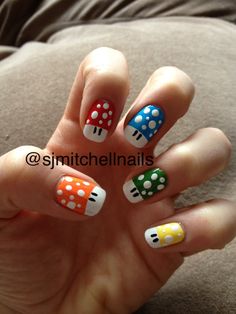 Gaming Nails, Shroom Nails, Mario Nail Art, Super Mario Nails, Arcade Party, Character Nails, Nail Tech School, Finger Art, Hippie Nails