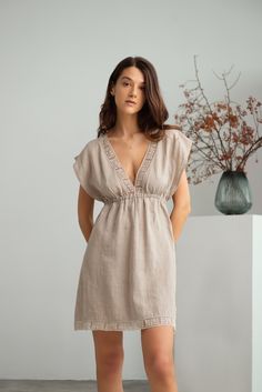 "Pure linen short night gown with antique desigh laces at front neck and at bottom line. Gown elasticated below bust. Pure and eco gown specially for you. Item is washed and softened and should not shrink any more. Gown length from shoulder till bottom - 33.5\" (85cm) Article is machine washable with handwashing program, I recommend delicate drying and iron while damp. CARE RECOMMENDATION FOR ITEMS WITH LINEN LACES: after washing repair and stretch laces and attaching seams by hands and dry item Bridal Lingerie, Short Night Gown, Linen Nightgown, Linen Gown, Linen Sleepwear, Buy Linen, Short Gowns, Women's Nightgowns, Linen Short