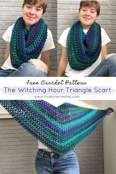 a woman wearing a blue and green crochet shawl with text that says free crochet pattern the witch hour triangle scarf