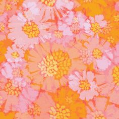 an orange, pink and yellow flowered background with many smaller flowers in the center