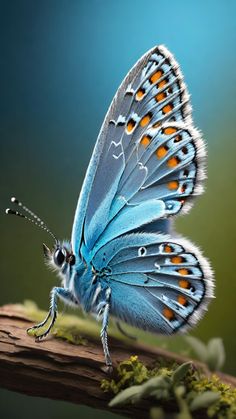 a blue butterfly with orange spots on its wings sitting on a piece of tree branch