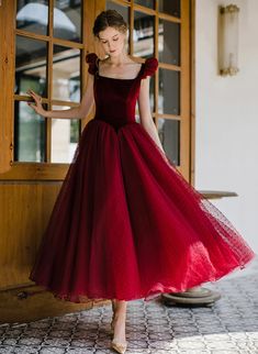 Wine Red Tea Length Scoop Straps Tulle Party Dress, Wine Red Homecoming Dress Prom Dress Cute, Tea Length Prom Dress, Tulle Party Dress, Red Homecoming Dresses, A Line Shorts, Red Prom, فستان سهرة, Short Prom Dress, Vestidos Vintage