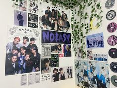 the wall is covered with posters and photos, plants growing on it's sides