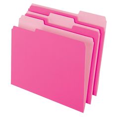 three pink file folders stacked on top of each other, with one empty file in the middle