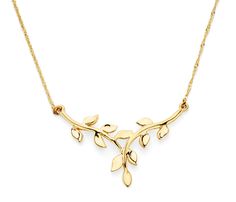 "Step into nature with the delicate beauty of this leaf necklace. This stunning charm necklace features leaves crafted from a gleaming 14K Gold that is hanging by a 18\" gold chain. Polished to a bright and shiny touch, necklace is truly trendy and stylish. Option between 14K Yellow and White Gold. Charm Measures approximately: 1 1/4\" wide x 3/4\" long Chain Measures: 18\" long." Gold Leaf Jewelry, Gold Pendants For Men, Fashion Jewelry Necklaces Gold, Jewelry Gold Necklace, 22k Gold Necklace, Necklace Leaf, Gold Leaf Necklace, Gold Jewelry Outfits, Pretty Jewelry Necklaces