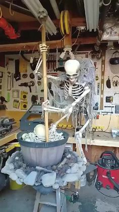 there is a skeleton in the garage with tools