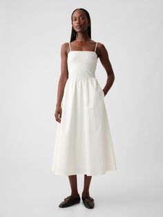 Mixed Media Midi Dress | Gap Classy White Midi Dress, Vineyard Dress Outfit, White Cotton Midi Dress, White Sun Dresses, Quince Clothing, Midi A Line Dress, Newborn Style, 2024 Wardrobe, Cream Colored Dress