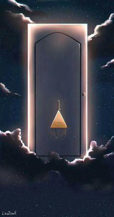 an open door with a triangle hanging from it's side, surrounded by clouds