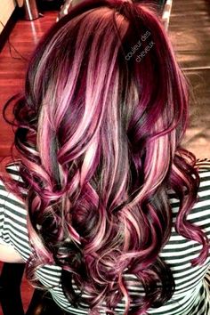 Purple Red And Blonde Hair, Purple Hair With Red Highlights, Auburn Hair With Pink Highlights, Cute Hair Colors For Summer, Multicolor Hair Ideas, Cherry Coke Hair Color With Highlights, Burgundy Hair With Blonde, Hair Colors Unique, Burgundy Hair With Blonde Highlights