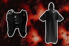 two different types of clothing are shown in front of a red and black galaxy background