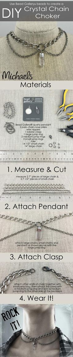 the instructions for how to make a diy necklace with metal thread and chains on it