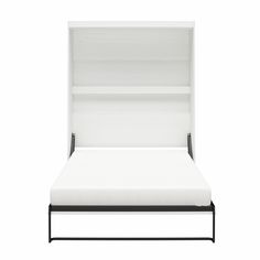 a bed with an open bookcase on the top and bottom shelf above it, against a white background