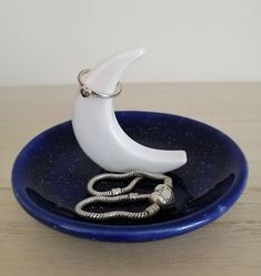 a white crescent on a blue plate with a silver snake in it's mouth